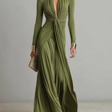 Vestido Maxi de Seda Verde Oliva con Escote en V
