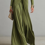 Vestido Maxi de Seda Verde Oliva con Escote en V