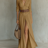 Vestido Maxi de Lino con Cuello de Solapa y Mangas Largas