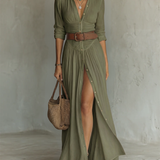 Vestido Maxi de Lino con Cuello de Solapa y Mangas Largas