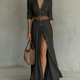 Vestido Maxi de Lino con Cuello de Solapa y Mangas Largas