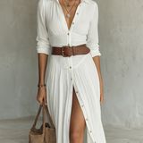 Vestido Maxi de Lino con Cuello de Solapa y Mangas Largas