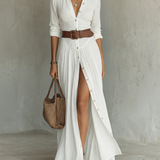 Vestido Maxi de Lino con Cuello de Solapa y Mangas Largas