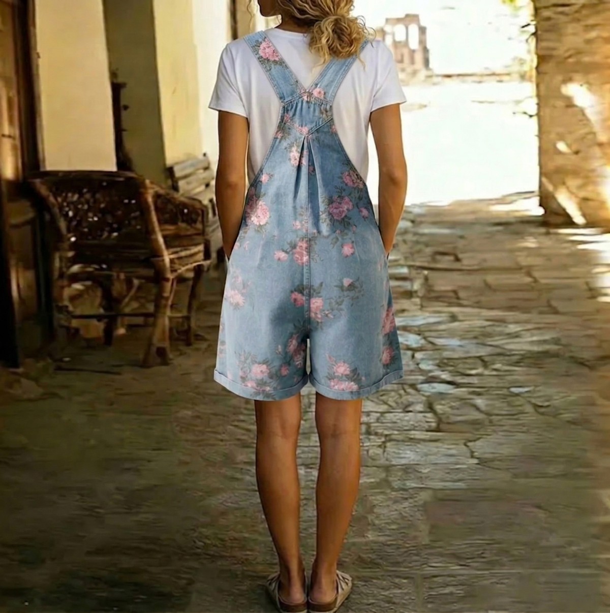 Adriana - Mono vaquero floral con tacto de algodón suave y lavado vintage