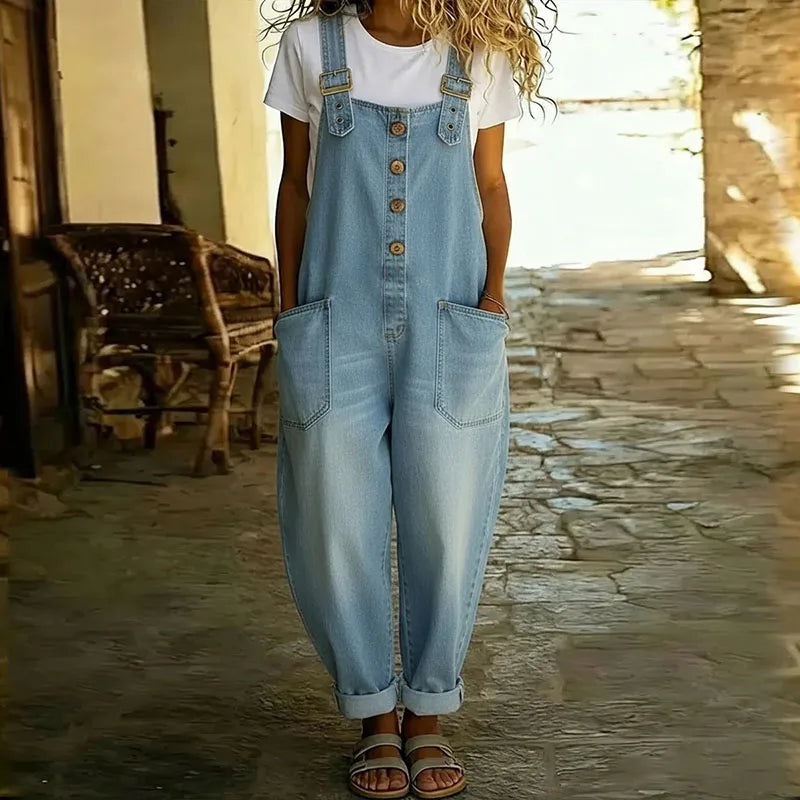 Carmen - Mono vintage de aspecto vaquero de algodón suave con tirantes ajustables