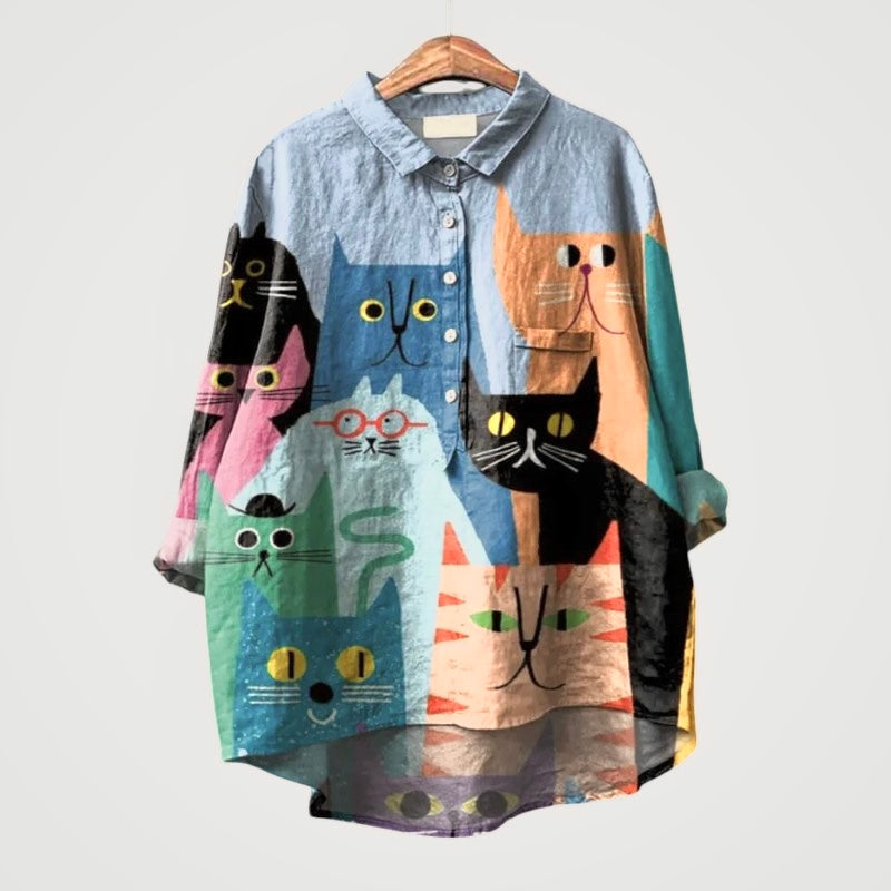 Liliana™ | Blusa de Lino Atemporal con Gatos Coloridos para Confort