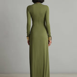 Vestido Maxi de Seda Verde Oliva con Escote en V