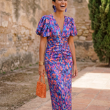 Carla | Vestido Midi Estampado con Mangas Abullonadas