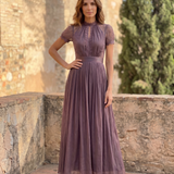 Flavia | Vestido largo morado con escote en forma de llave, borde de encaje de chiffon